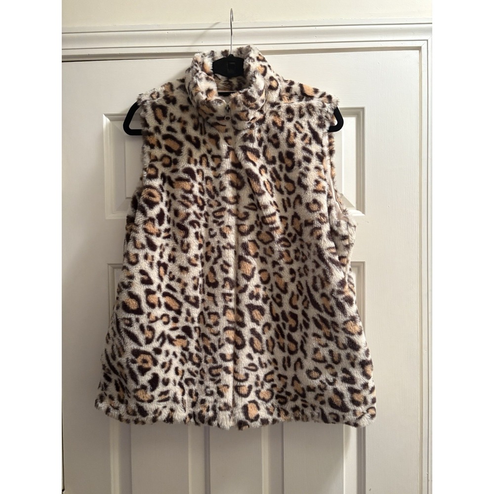 Katydid XL leopard faux fur full zip vest with pockets soft Sleeveless